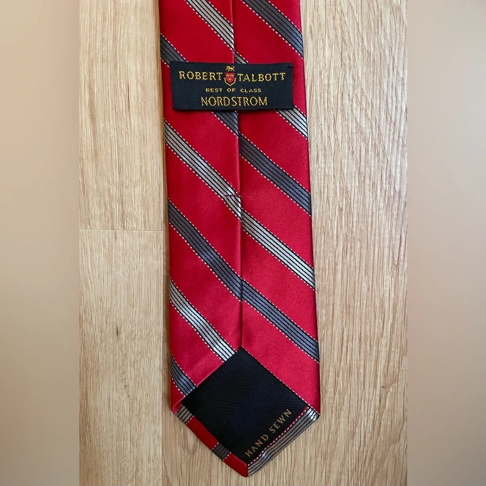 Nordstrom silk tie Robert Talbott Red gray Striped hand sewn retails $175